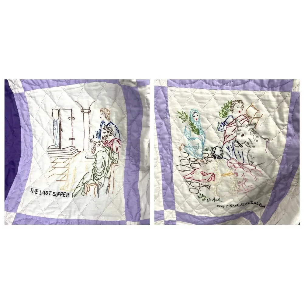 Vintage Hand Made Quilt Old Testament Embroidered Purple Border